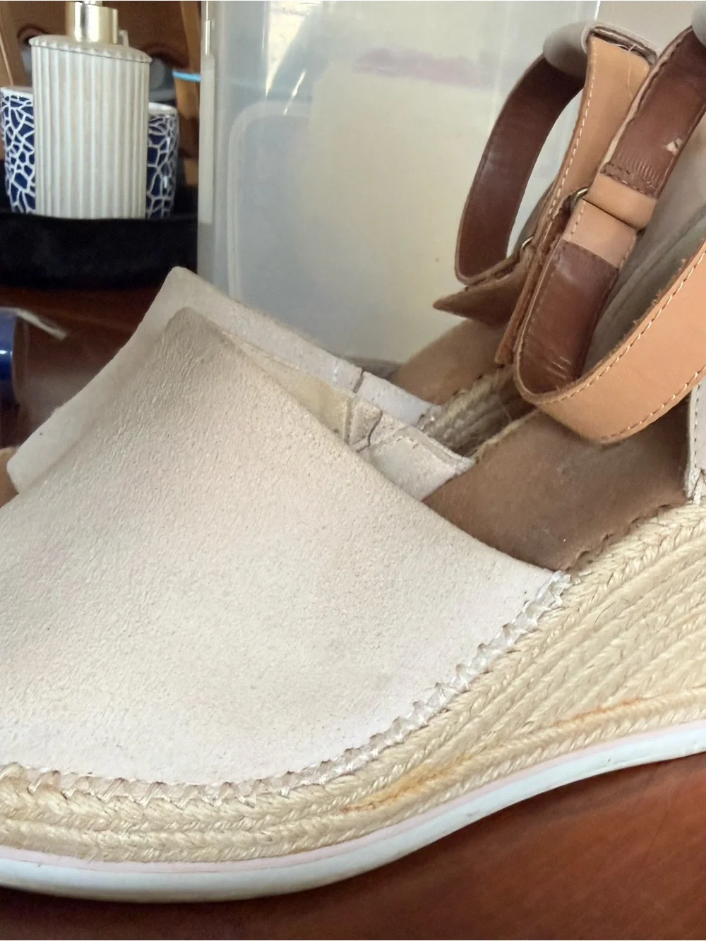 TOMS Beige Espadrille Wedge Sandals with Brown Ankle Strap